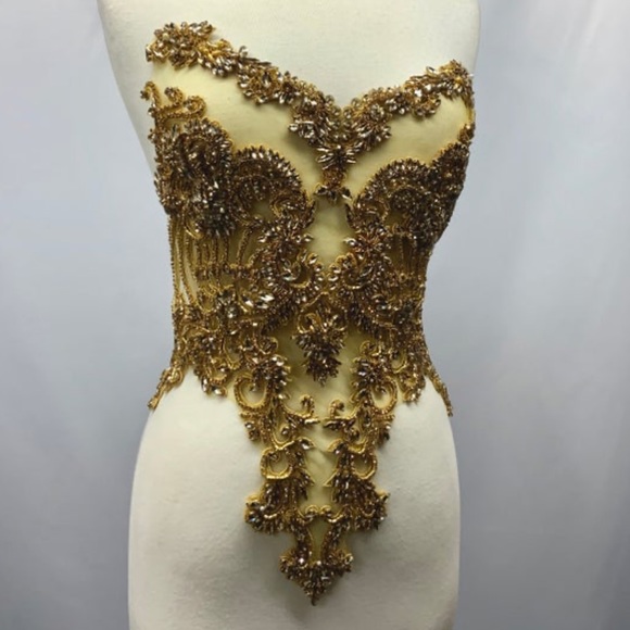 etsy Accessories - Designer full rhinestone crystal beaded mesh embroidered embroidery bodice gold